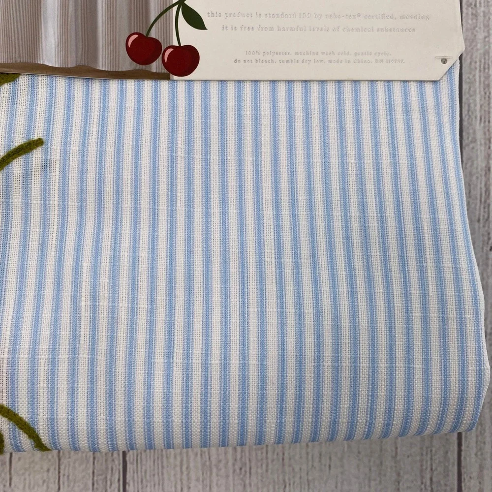 Envogue Shower Curtain Blue White Stripe Red Cherry Embroidered Whimsical Fruit